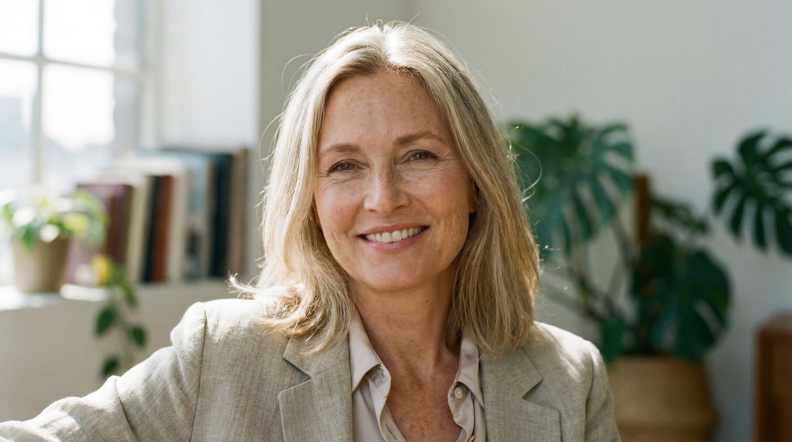 Woman in her 50s waking up refreshed after using OnNod sleep patch — replace with lifestyle photo