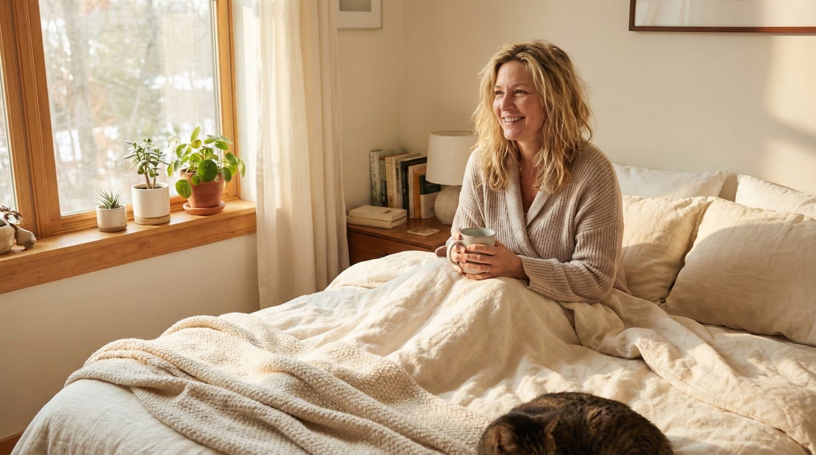 Refreshed woman stretching in morning sunlight after restful sleep — replace with uplifting morning lifestyle photo